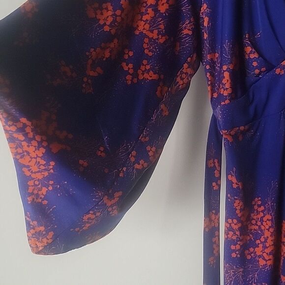 T Bags XS Blue Floral Kimono Mini Stretchy Dress Coquette Waist Tie Sexy Boho - Picture 6 of 13